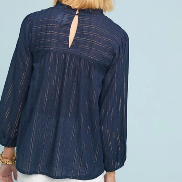 Anthropologie Maeve Reston Blouse | Navy Gold Metallic‎ Stripe Large, Like New! - Picture 2 of 10